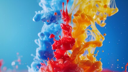 Vibrant and colorful paint drops and splash against a bright blue backdrop