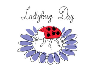 Ladybug Day. Abstract ladybug,beetle on a flower,Logo, continuous single line art hand drawing sketch