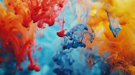 Vibrant dance of red, blue, and yellow paint in water: High-resolution abstract art