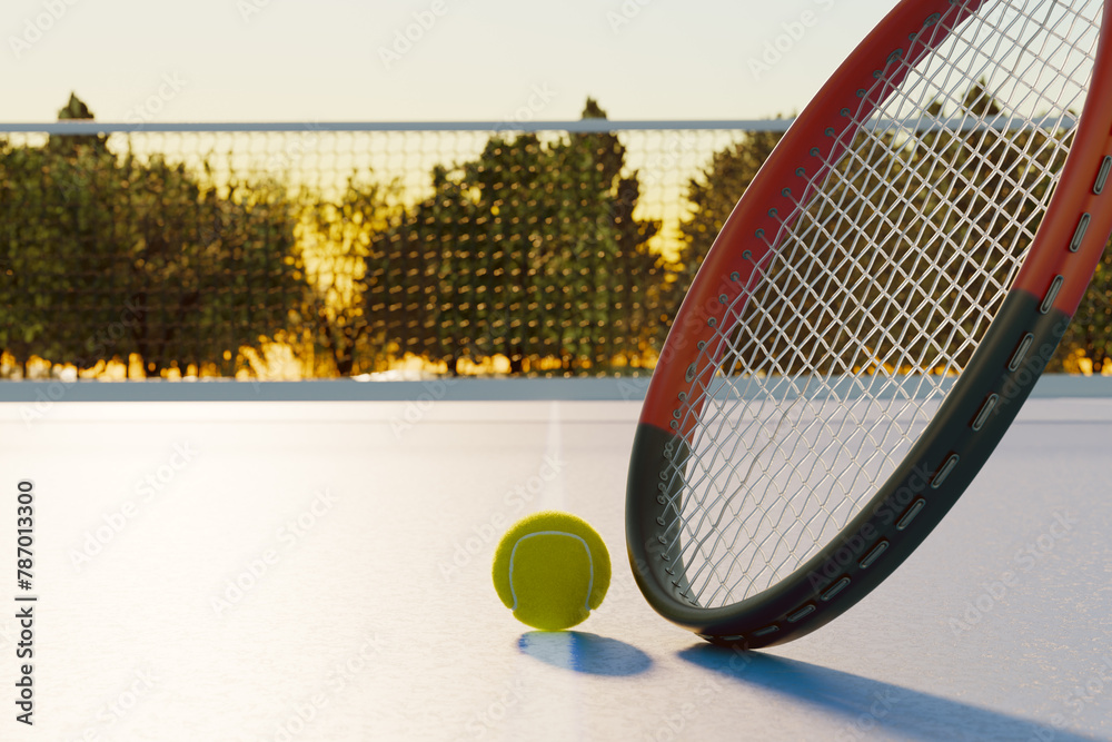 Wall mural Tennis ball with racket on an outdoor sports court. 3d rendering