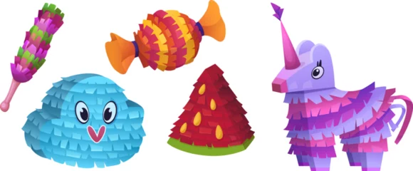 Rolgordijnen Colorful mexican pinatas set isolated on white background. Vector cartoon illustration of paper decoration in shape of cloud, candy, watermelon, unicorn, traditional birthday celebration accessory © klyaksun