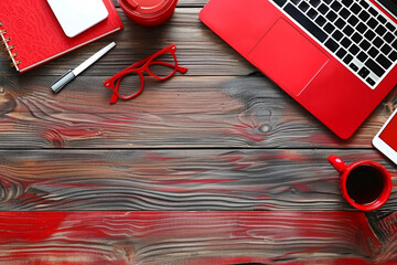 A neatly organized workspace featuring a red laptop, a matching red notebook and coffee cup, red eyeglasses, a mobile phone, and a pen, all arranged on a stylish dark wooden surface