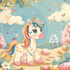 A cute unicorn with a rainbow mane and tail is walking through a field of flowers. The unicorn is surrounded by colorful flowers, butterflies, and other magical creatures. The sky is a bright blue and