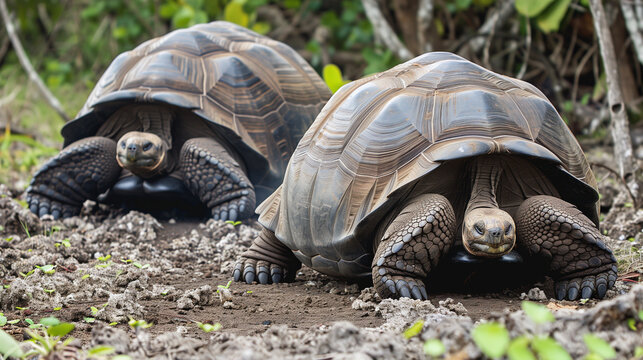 Two Galápagos tortoises in a natural environment.
