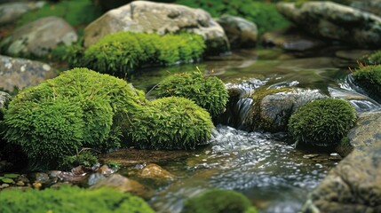 Moss-covered rocks in a tranquil woodland stream