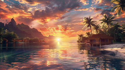 Let AI paint a picturesque scene with an incredible sunset over a tropical paradise. This realistic image, captured in HD, showcases a luxurious beach panorama that radiates serenity and beauty
