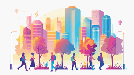 People life in modern eco city. Walking people in mode - obrazy, fototapety, plakaty