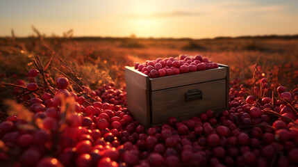 Cranberries harvested in a wooden box in a farm with sunset. Natural organic fruit abundance. Agriculture, healthy and natural food concept. Horizontal composition. - 787013751