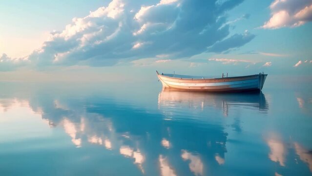 Serene Solitude: Lone Boat on a Tranquil Sea. Concept Boat Photography, Serene Landscapes, Tranquil Waters, Solitary Seascape, Peaceful Nature