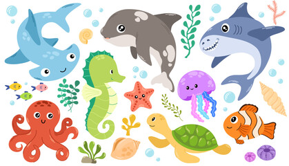 Sea life elements set. Hand draw vector doodle cartoon set of marine life objects for your design. © PawLoveArt