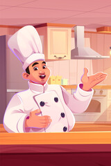 Chef in uniform and hat on kitchen. Cartoon vector illustration of Asian man cooker with welcome or demonstrate hand gesture. Restaurant professional male cook master. Funny comic culinary mascot. - obrazy, fototapety, plakaty