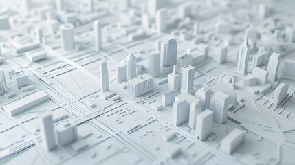 3d render of white map scene with city roads buildings top view isometric perspective