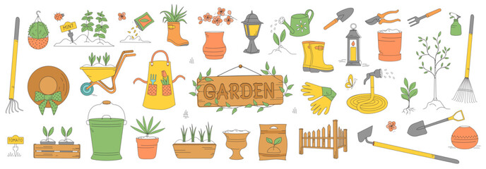 Hand drawn garden tools set background