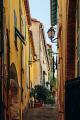 Fototapeta na wymiar Streets and houses in the center of Villefranche sur Mer, southern France