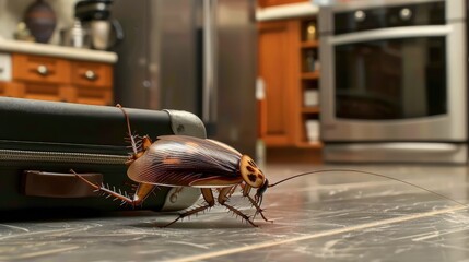 Cockroach moving out of the kitchen with a suitcase - obrazy, fototapety, plakaty