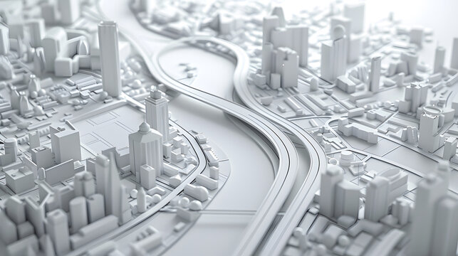 3d render of white map scene with city roads buildings top view isometric perspective