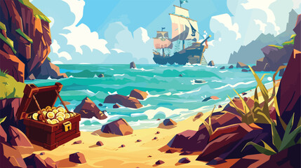 Obraz premium Pirate island landscape vector illustration. Cartoon s