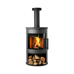 Fireplace with burning firewood. Isolated on transparent background.