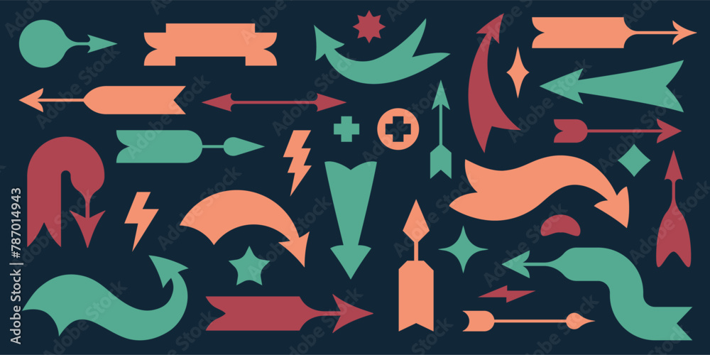 Poster retro arrow banners. black vintage pointer frames with different direction signs, simple navigation 