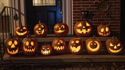 Jack-o'-lanterns carved with different expressions, glowing on a front porch=