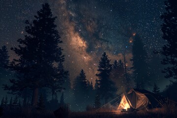 Starry night camping scene with illuminated tent under a Milky Way sky