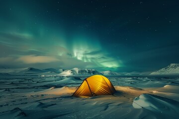 Glowing yellow tent under a starry sky with northern lights in a snowy landscape