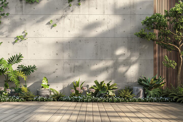 AI Generative. 3D Rendering of modern outdoor space. Empty space for product display with minimal concrete wall. Tropical and calm environment. 