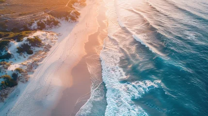 Deurstickers Aerial view of coastline and white sand dunes at sunset. Anna Bay, New South Wales, Australia © Nijat