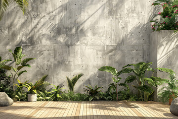 AI Generative. 3D Rendering of modern outdoor space. Empty space for product display with minimal concrete wall. Tropical and calm environment. 