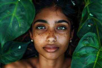 Top view of a content indian girl surrounded by lush green leaves - 787015166