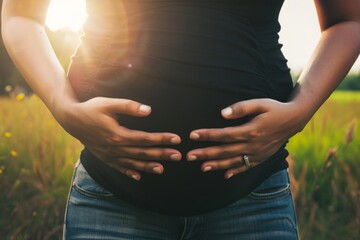 Pregnant woman lovingly holding her belly while standing in a sunny field.