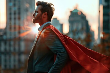 Confident man in a suit and red cape gazes over the city at dusk, exuding a superhero aura - 787015198