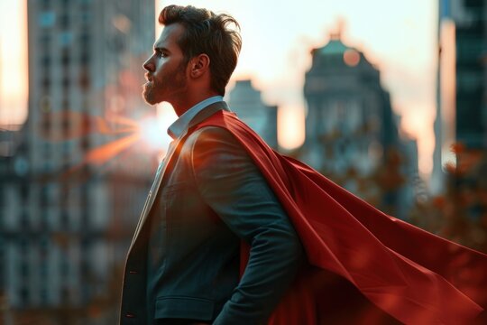 Confident man in a suit and red cape gazes over the city at dusk, exuding a superhero aura