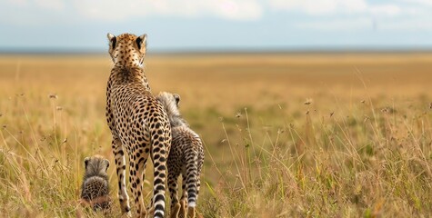 rear view of a cheetah watching in the jungle - obrazy, fototapety, plakaty