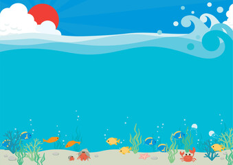 Fototapeta na wymiar 魚が泳ぐ海と夏の空と太陽のベクターイラスト（横）