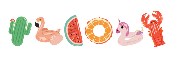 Cartoon swimming ring. Funny flamingo, cactus, unicorn ,ice cream , watermelon , cancer ,orange rings. Summer swimming pool toys vector illustration set. Inflatable summer flat vector illustration set