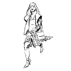fashion sketch of a woman walking towards the viewer, wearing a happy fowery summer dress and a bodywarmer combined with over the knee boots. Hand drawn, pen and ink style, full body shot. 