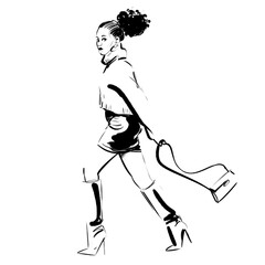 Fashion sketch of  a black woman of part african descent walking while swinging her purse, she wears a sweater, mini skirt and boots. Silhouet lines in pen and ink style. 