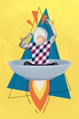 Poster Sketch image composite artwork 3D photo collage of black white man headless fried egg instead raise up like rocket in dinner dish plate © deagreez