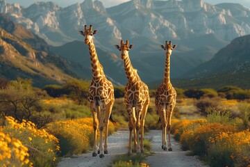 Three giraffes, terrestrial animals from the Giraffidae family, stroll along a dirt road with mountains in the background in a grassland biome