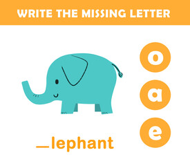 Write the missing letter. Worksheet for kids. Find missing letter worksheet for children.