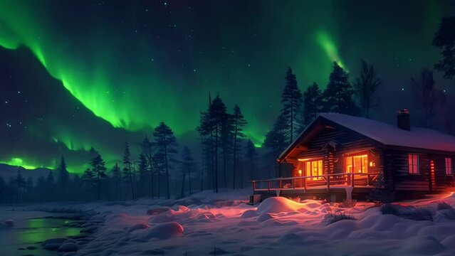Enchanted Aurora Over Cozy Winter Retreat. Concept Nature Photography, Northern Lights, Snowy Landscape, Cabin in the Woods