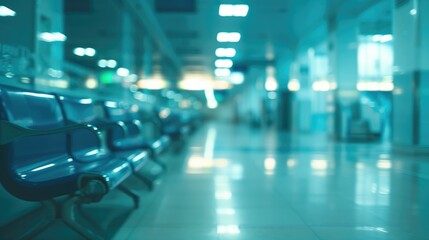 Empty blurred hospital, airport or office terminal waiting area hallway with a row of seats background with no people