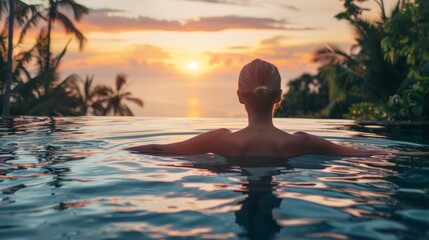 Woman relaxing in a luxurious infinity pool during sunset with ocean view
