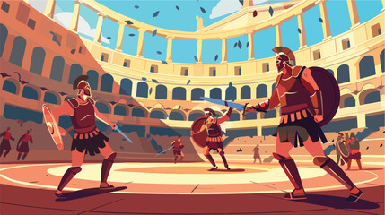 Gladiators fighting in a coliseum arena. Battle - obrazy, fototapety, plakaty