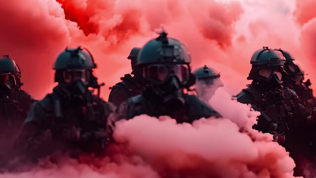 SWAT Team in Strategic Formation Amidst Red Smoke. Concept Police Training, Tactical Maneuvers, Team Coordination, Intense Drills, Red Smoke Deployment