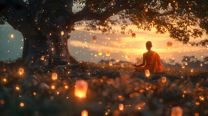 A young novice monk meditating under a Bodhi tree at dusk, located in the middle of a lush green meadow. sky lanterns float gently into the evening sky, casting a warm, ambient glow.