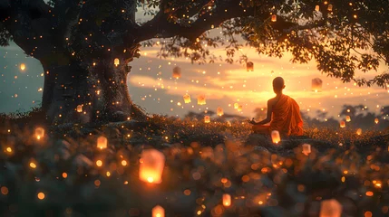 Foto op Canvas A young novice monk meditating under a Bodhi tree at dusk, located in the middle of a lush green meadow. sky lanterns float gently into the evening sky, casting a warm, ambient glow. © KeetaKawee