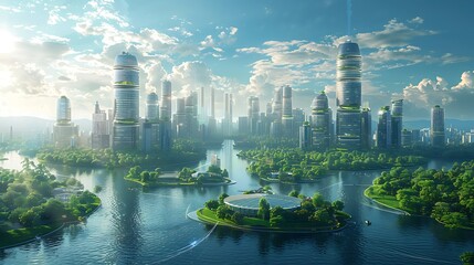Develop a visually appealing banner that captures a futuristic city powered by clean energy, with solar panels on buildings and public spaces integrated with wind energy solutions. - obrazy, fototapety, plakaty