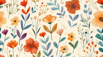 boho flowers and foliage colorful pattern spring summer element on creamy background